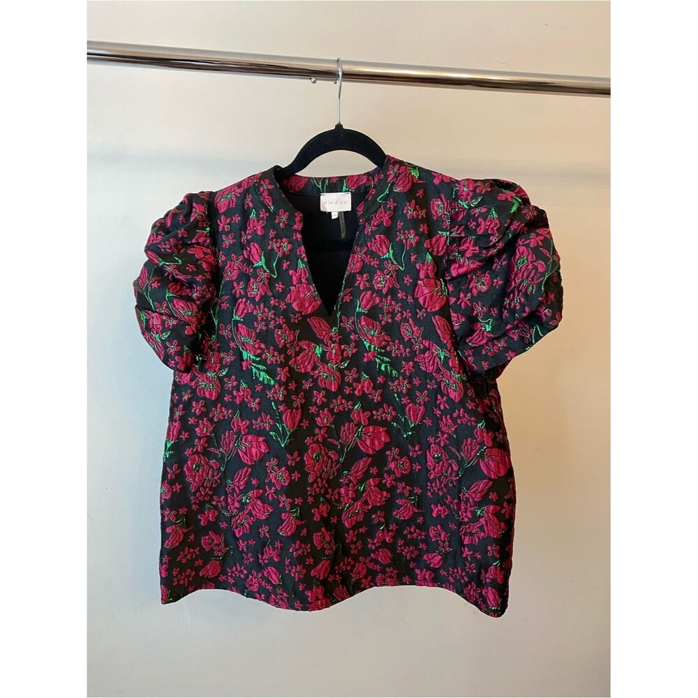 entro Black Floral Puff-Sleeve Blouse with Fuchsia and Green Embroidery